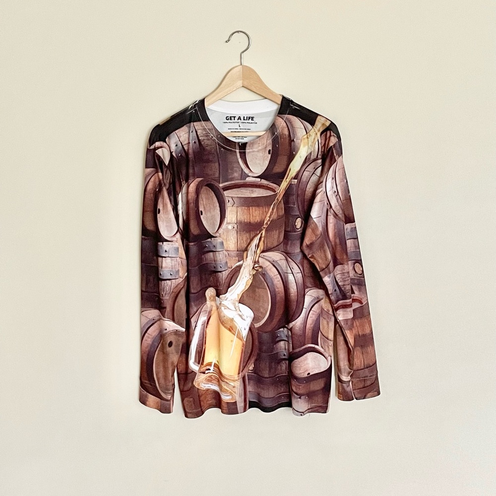 Get A Life Beer Keg Long Sleeve Brown Graphic T Shirt Men’s size Large